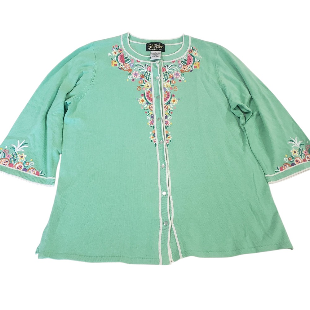 Vintage Bob Mackie Cardigan Top Womens Green L Floral 3/4 Sleeve Embroidered Art
